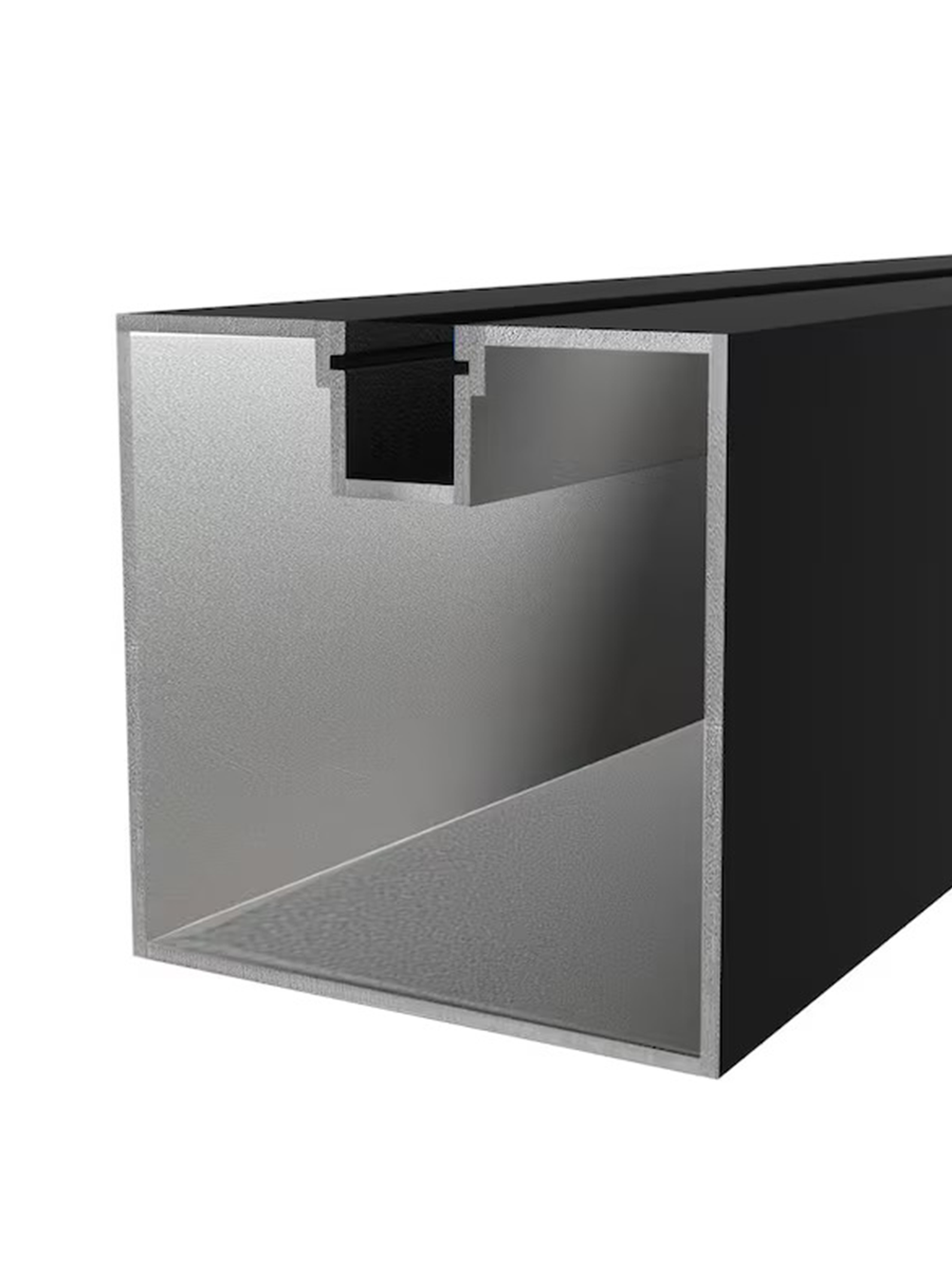 Cutaway detail of the black in-ground gate post showing its hollow interior and recessed channel