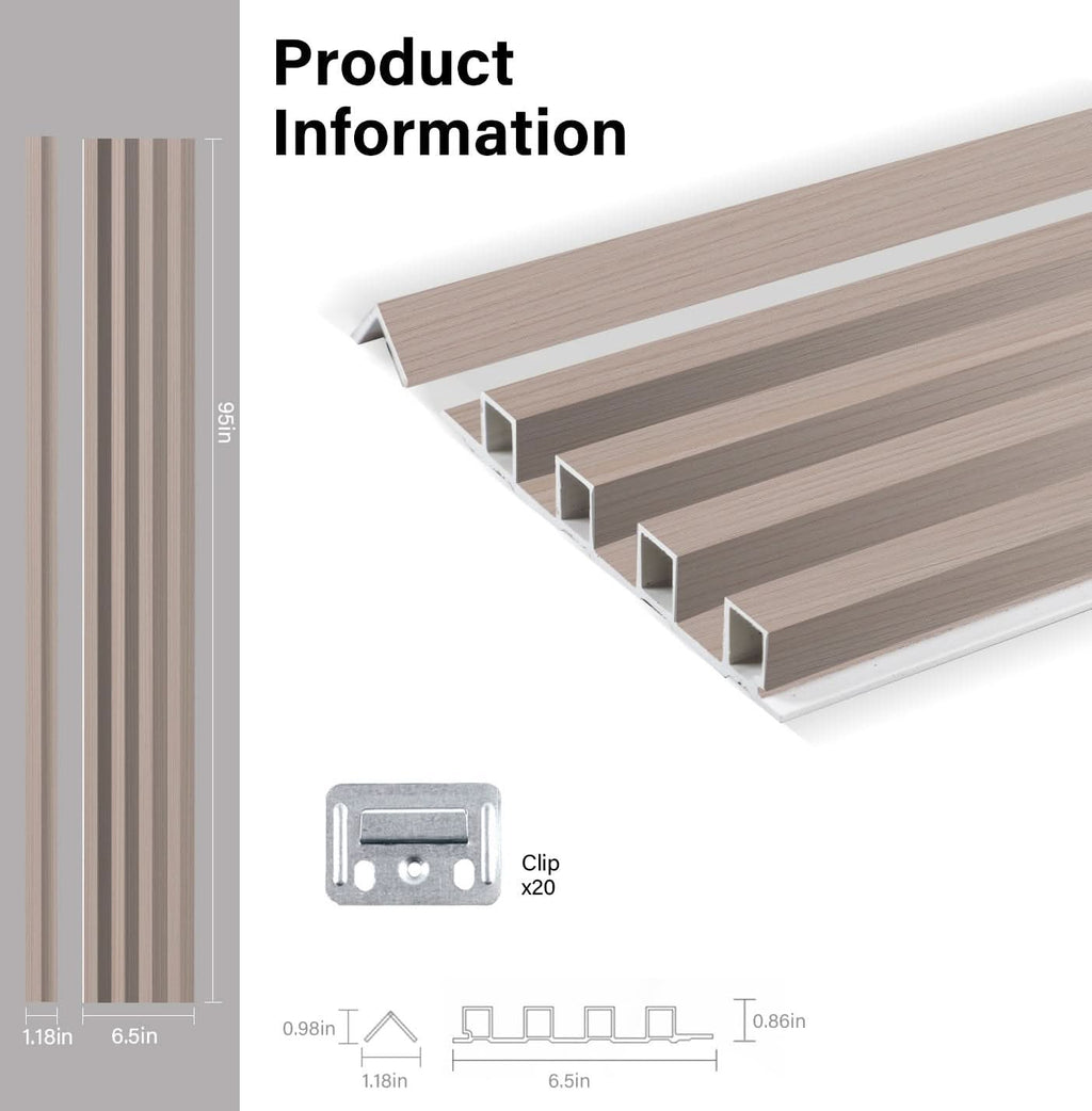 Carbon gray WPC fluted 3D wall panel product specifications with dimensions and installation clip