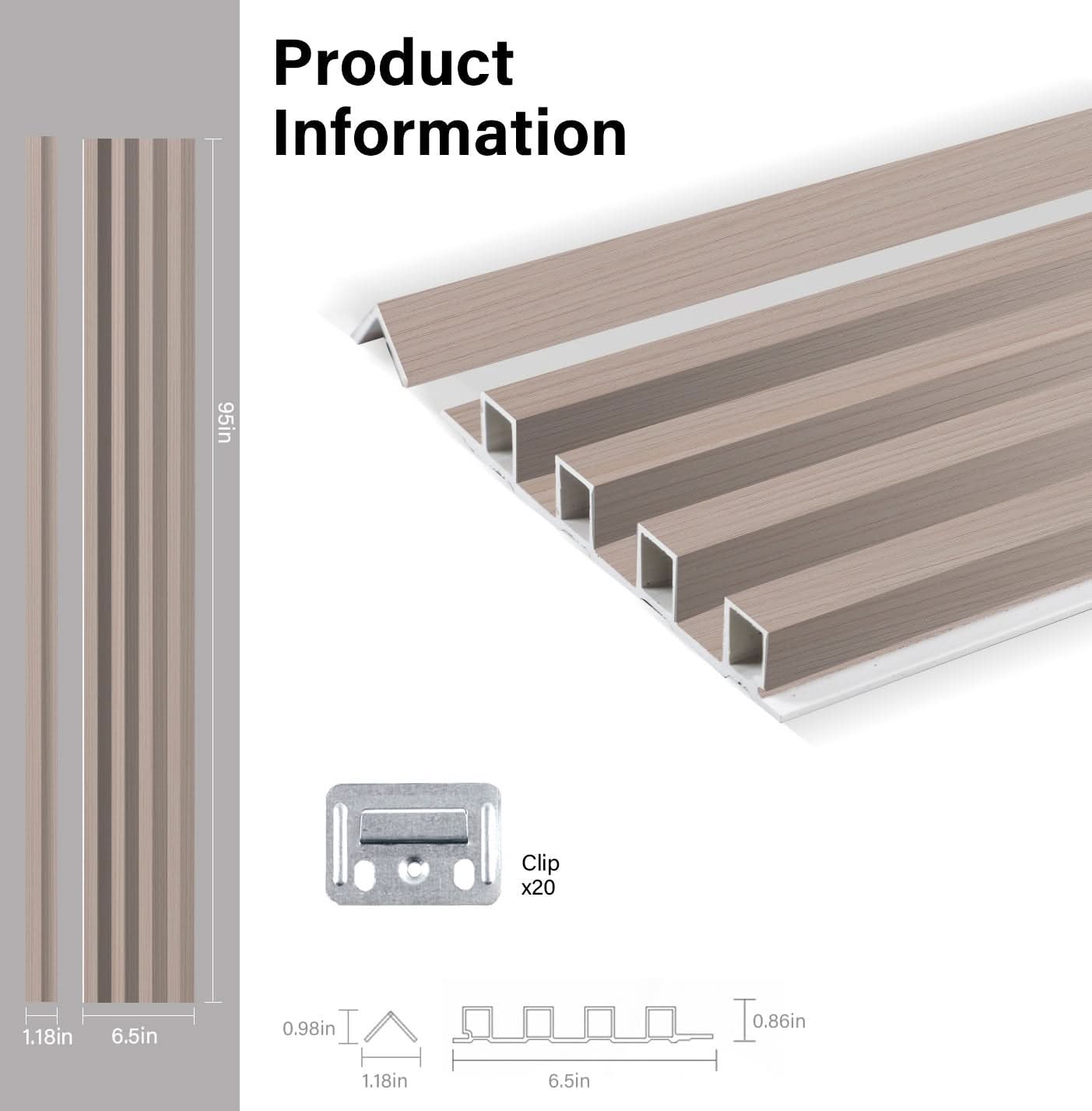 Carbon gray WPC fluted 3D wall panel product specifications with dimensions and installation clip