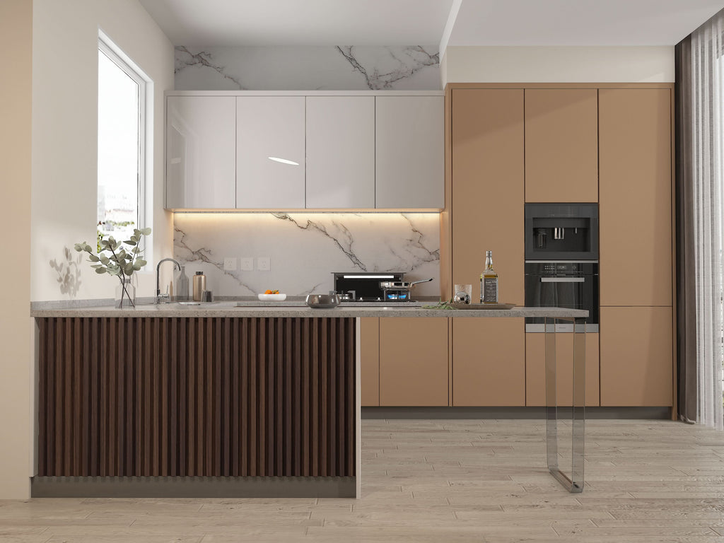 Modern kitchen island with dark smoky oak WPC fluted 3D wall panel front