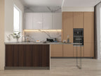Modern kitchen island with dark smoky oak WPC fluted 3D wall panel front
