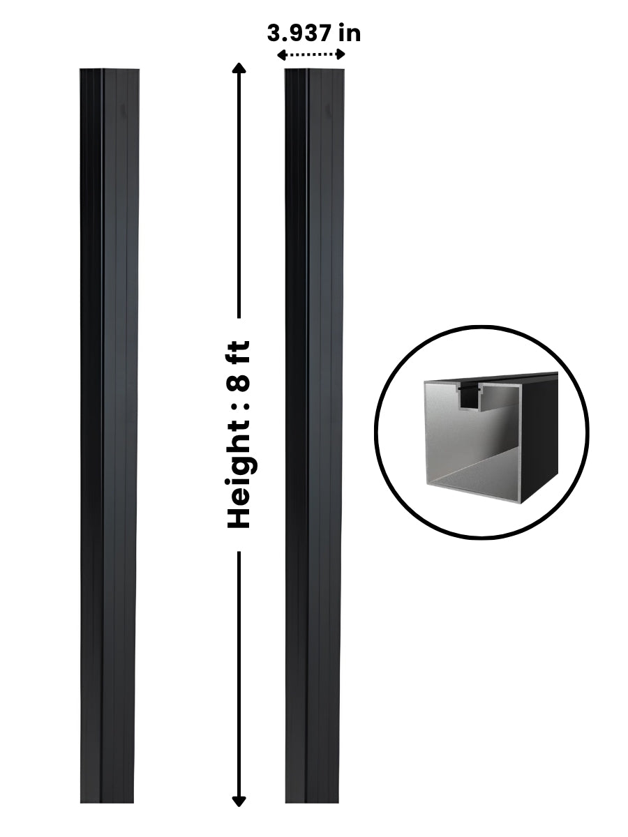 Black 4-inch 8-foot in-ground gate post shown full length with 3.937-inch width and profile cross-section Main image