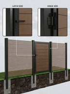 Composite gate and fence panels installed on concrete-set black posts with latch-side and hinge-side close-ups