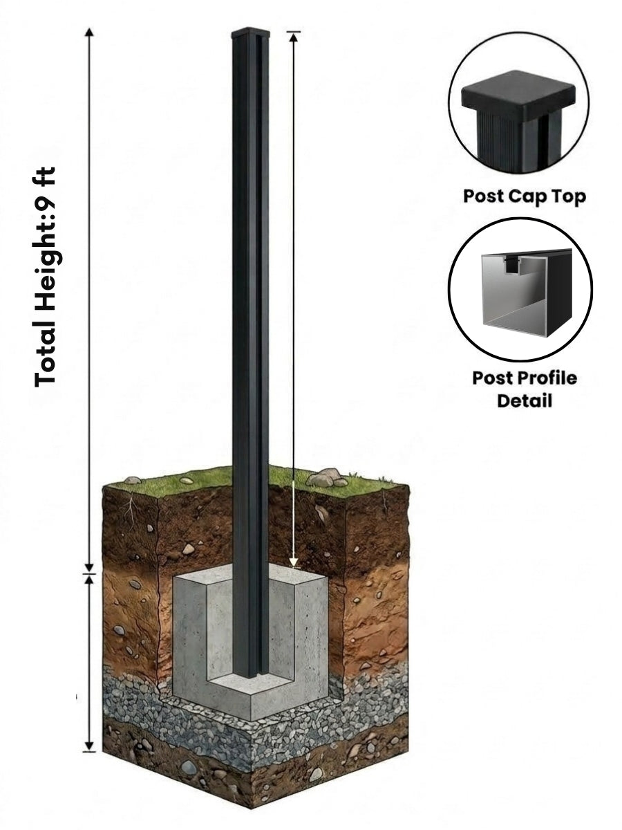 Black 9-foot in-ground gate post set in a concrete footing, with cap and profile details