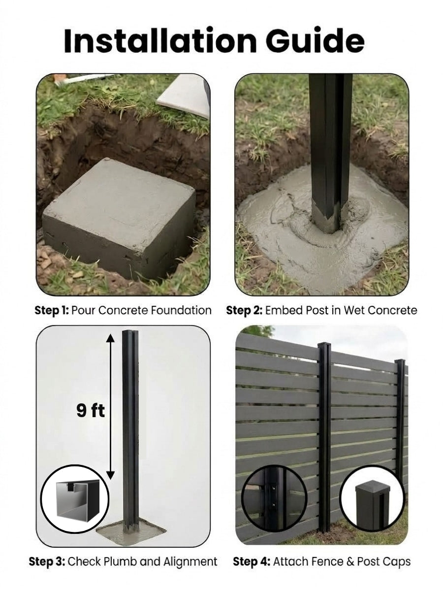 Four-step guide for installing the 9-foot gate post in concrete and attaching fence panels and post caps