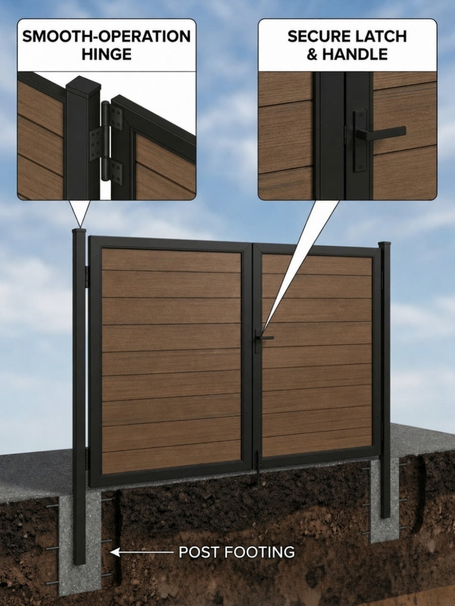 Composite double gate on black in-ground posts with hinge, latch, handle, and concrete footings