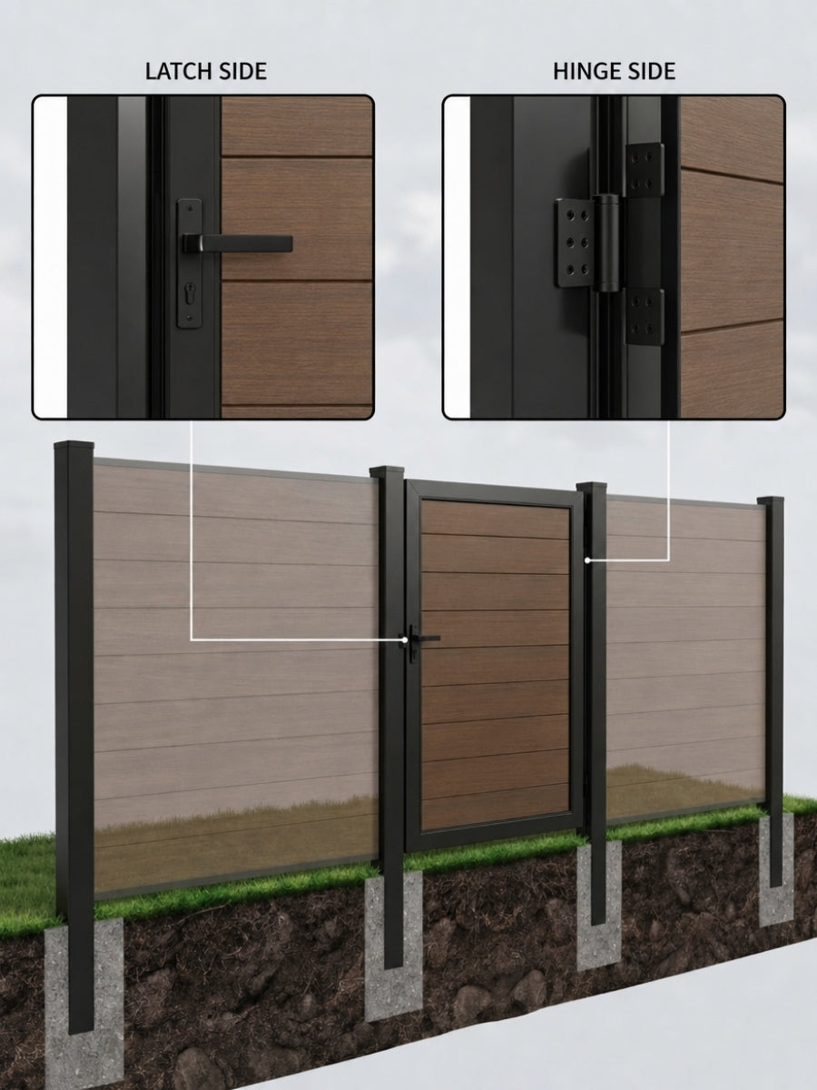 Composite gate and fence supported by black in-ground posts, with latch and hinge close-ups