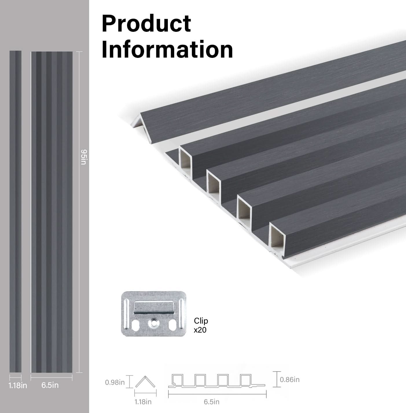Silver Gray Metallic WPC fluted wall panel dimensions and profile