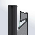 Black aluminum fence post with composite panel and glass insert detail