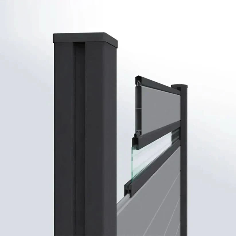 Black aluminum fence post with composite panel and glass insert detail