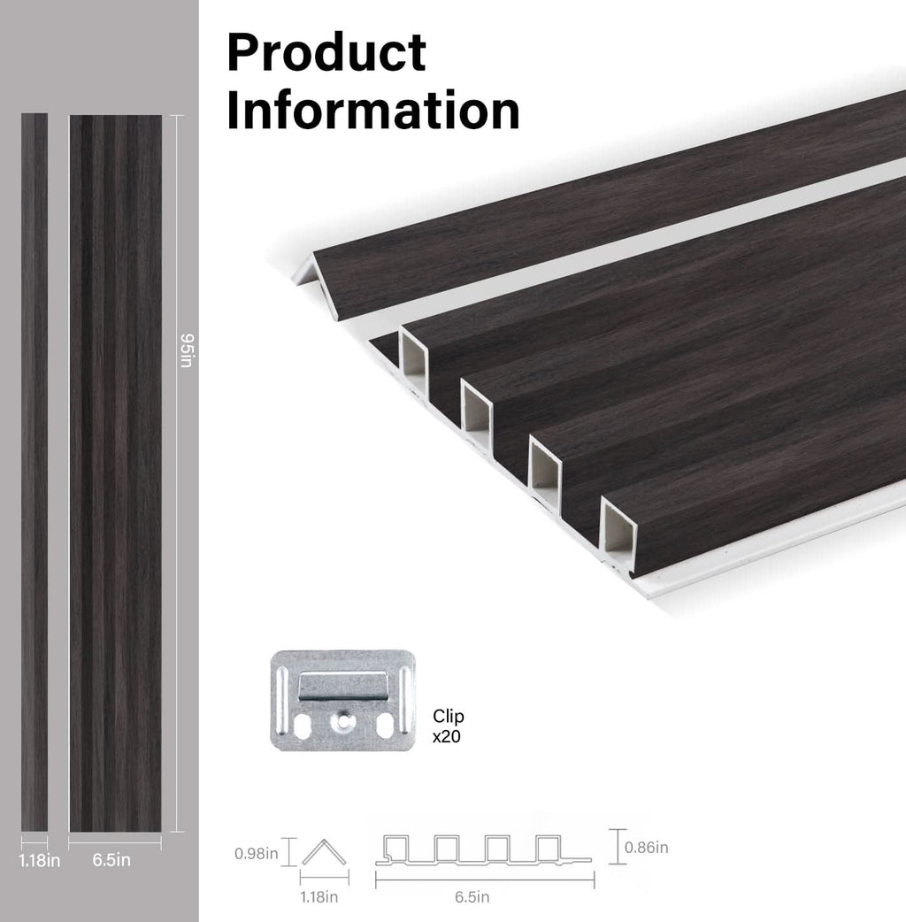 Cedar oak WPC fluted 3D wall panel product specifications with dimensions and installation clip