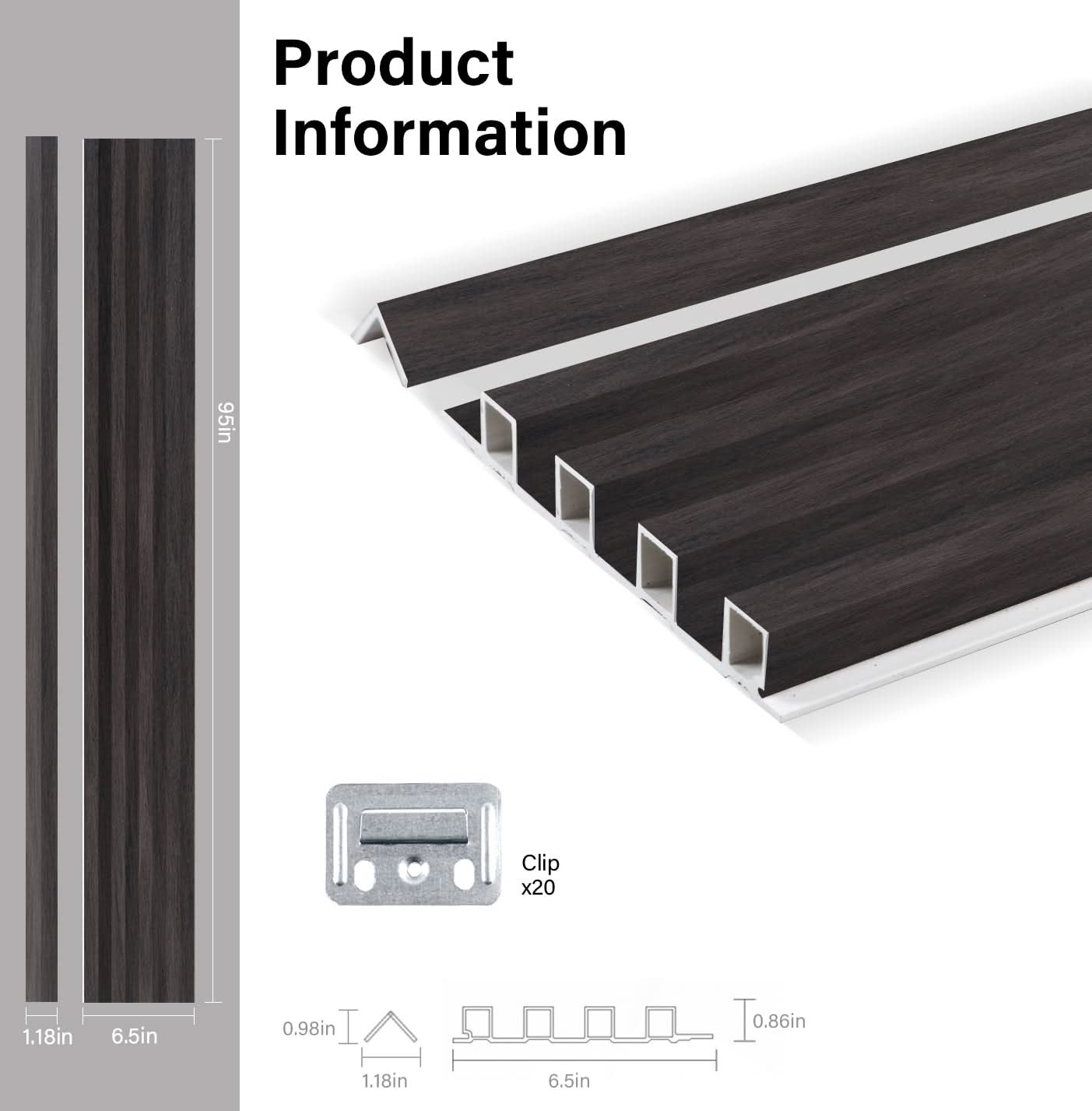 Cedar oak WPC fluted 3D wall panel product specifications with dimensions and installation clip