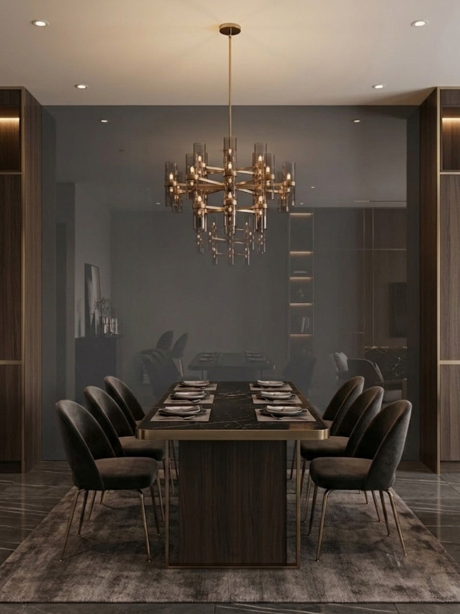 Gray Mirror Wood Veneer Panel covering a dining room feature wall behind a chandelier and table