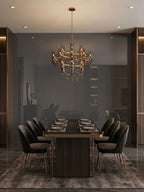 Gray Mirror Wood Veneer Panel covering a dining room feature wall behind a chandelier and table