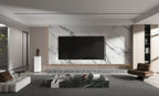 Modern living room with white marble TV feature wall