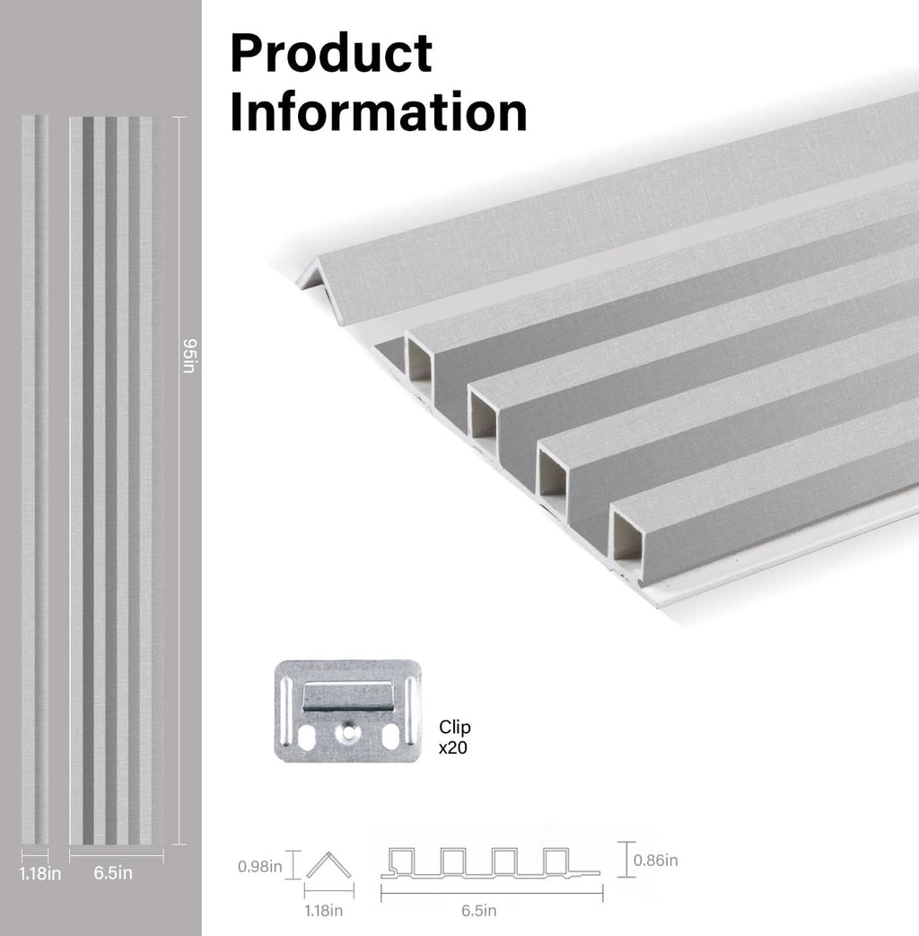 Gray fluted wall panel product dimensions diagram with installation clip and cross-section details