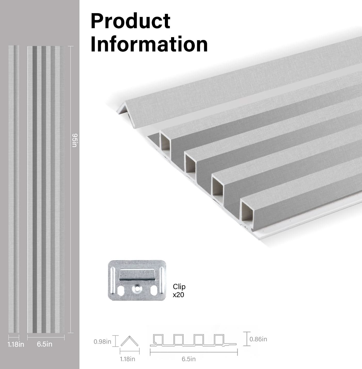 Gray fluted wall panel product dimensions diagram with installation clip and cross-section details