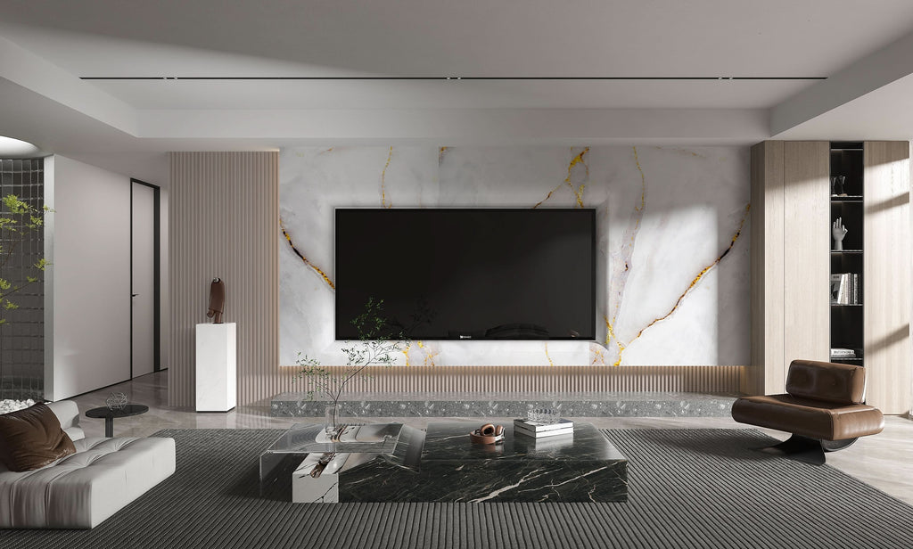 Modern living room with Empress Gold polished marble PVC TV wall panels