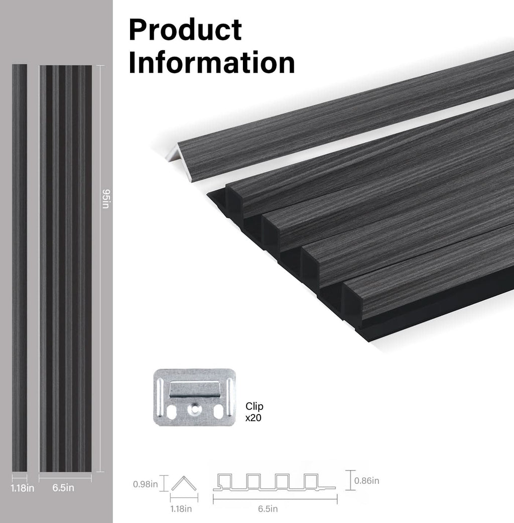 Black timber WPC fluted 3D wall panel product specifications with dimensions and installation clip