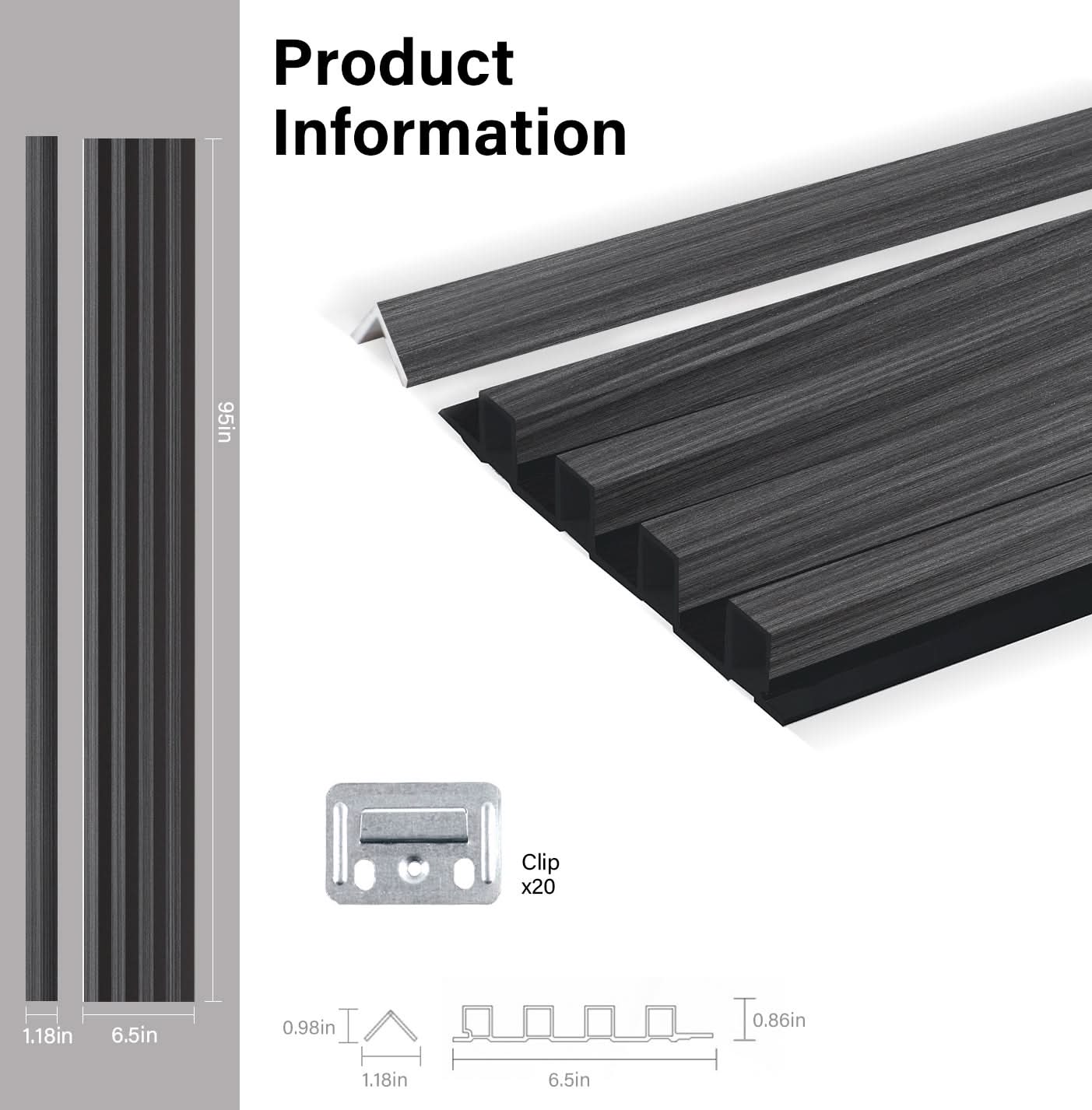 Black timber WPC fluted 3D wall panel product specifications with dimensions and installation clip