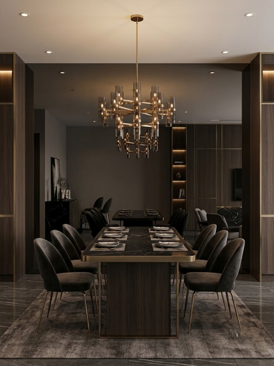 Black Mirror Wood Veneer Panel creating a reflective feature wall behind a formal dining table and chandelier