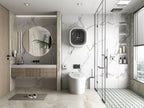 Modern luxury bathroom with white marble wall panels and gold veining