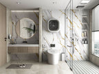Modern bathroom with gold vein white marble PVC wall panels, glass shower enclosure, and floating vanity