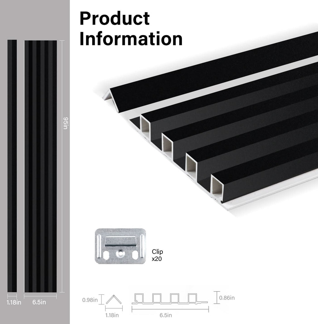 Luxe Noir black WPC fluted 3D wall panel product profile with mounting clips and dimensions