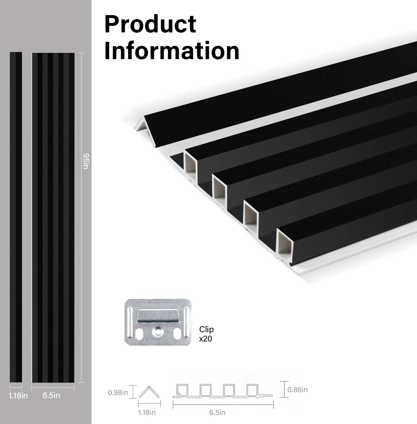 Luxe Noir black WPC fluted 3D wall panel product profile with mounting clips and dimensions