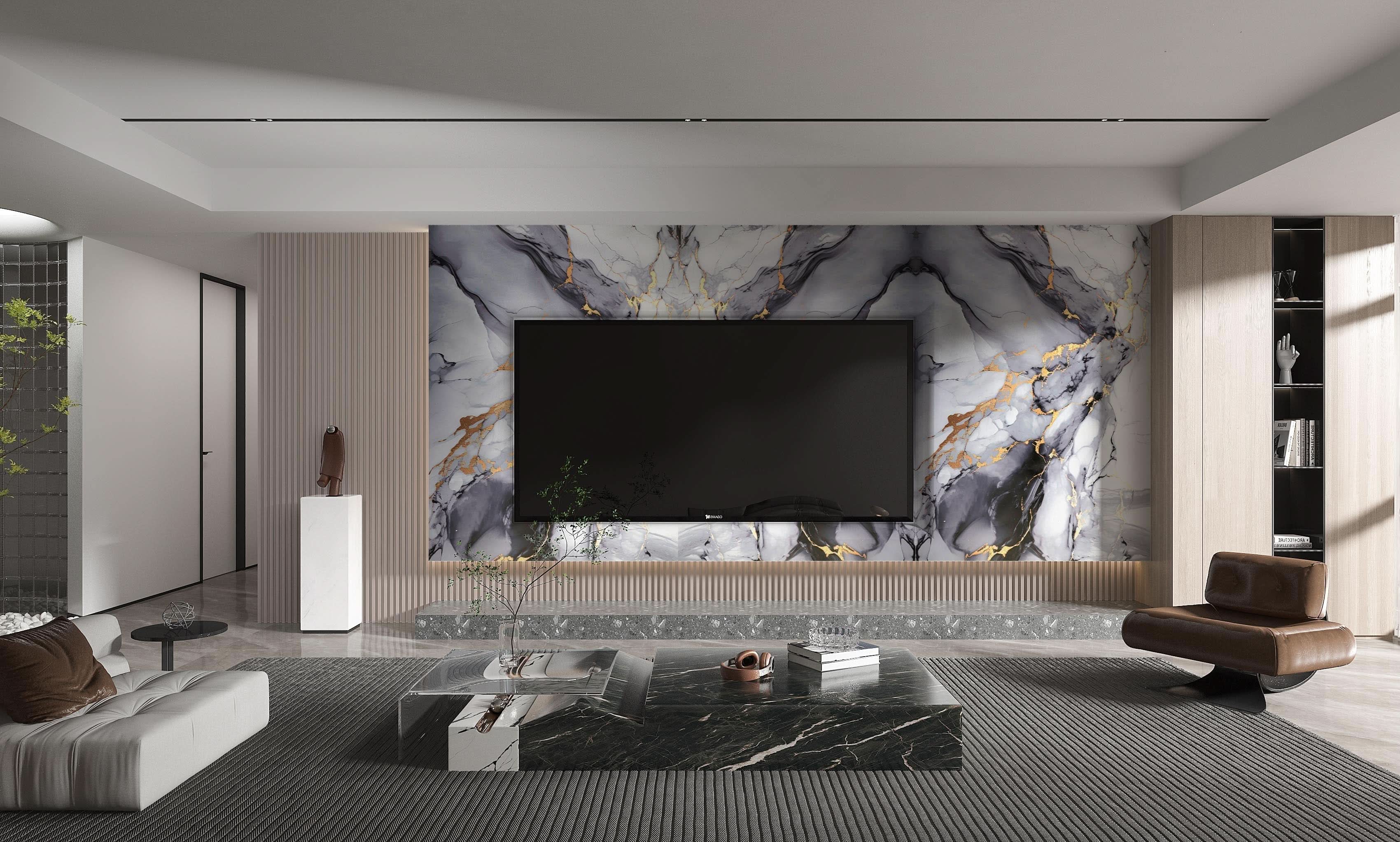 Modern living room TV wall with Blue Mist marble PVC wall panels and gold veining