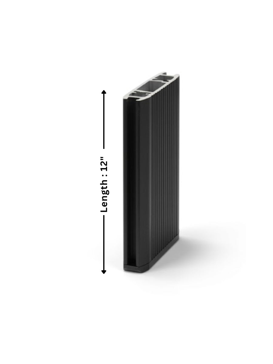 Black ribbed aluminum alloy fence sample profile with hollow core and 12-inch length measurement Main image