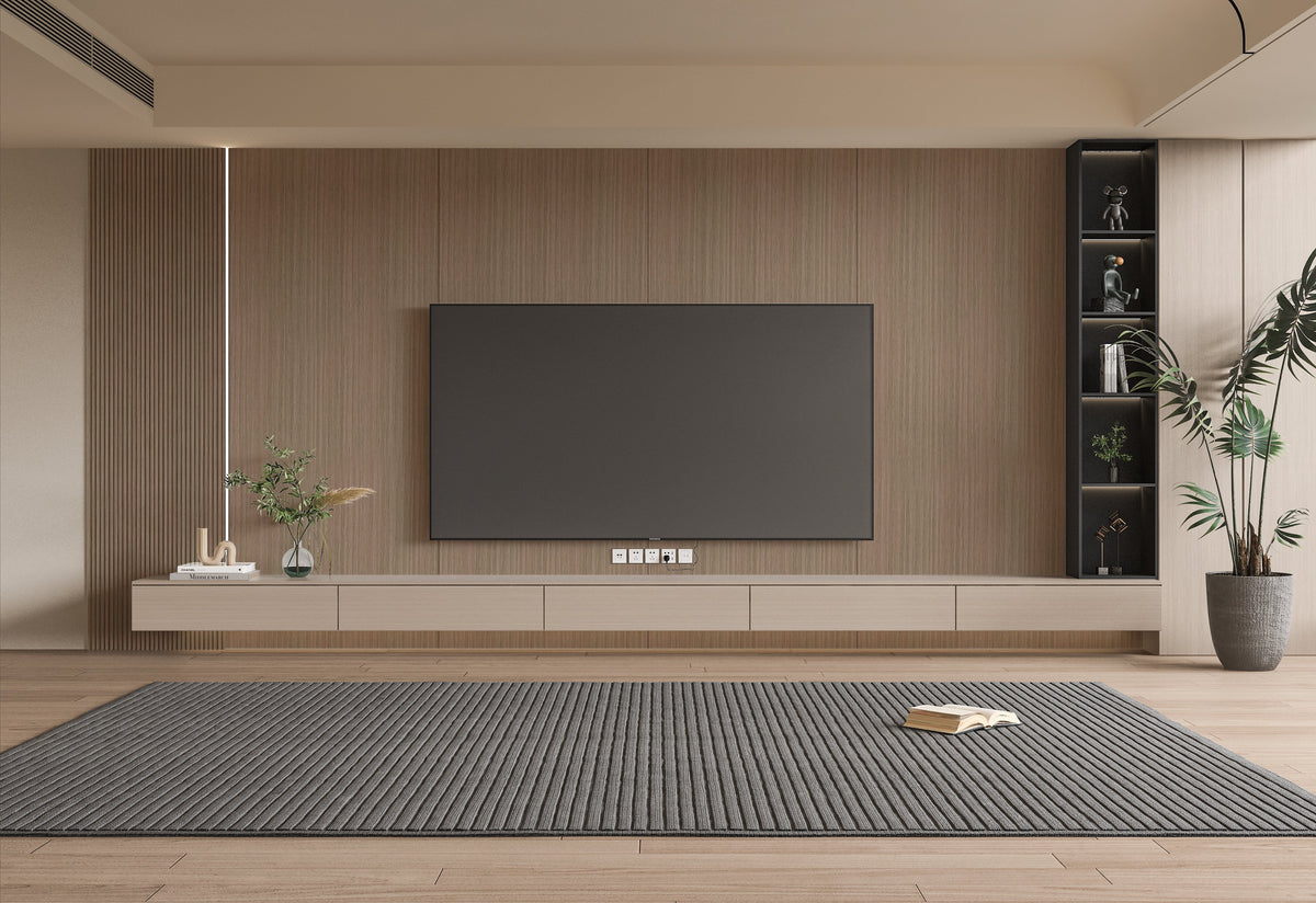 Royal Oak wood veneer panels installed as a minimalist TV wall with floating console and illuminated shelving