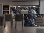 Modern kitchen with black marble backsplash and waterfall island