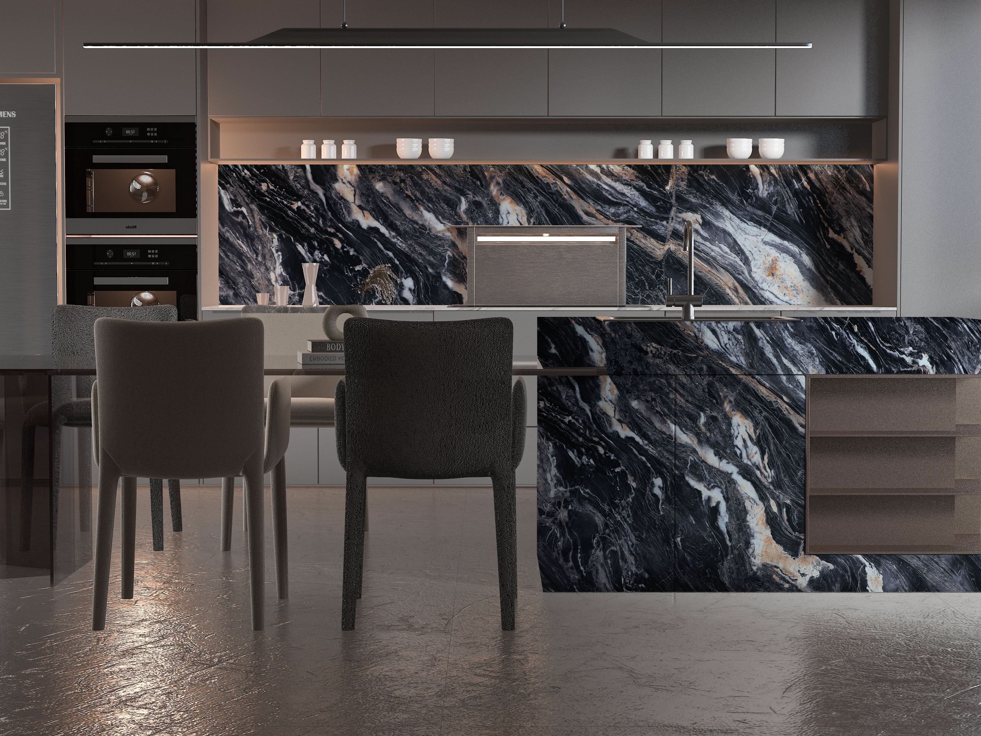 Modern kitchen with black marble backsplash and waterfall island