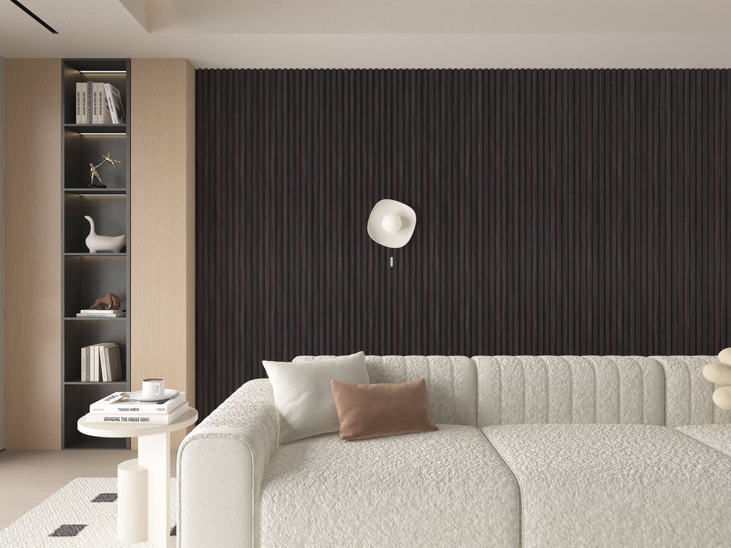 Living room accent wall with cedar oak WPC fluted 3D wall panels