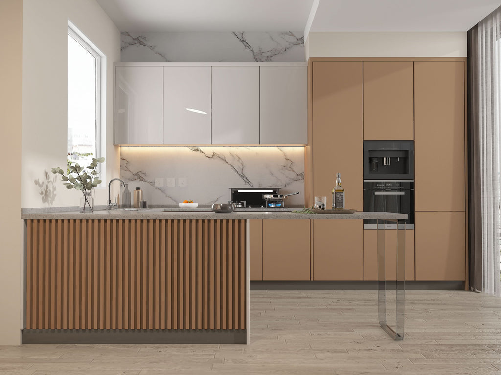 Maple Slate Black WPC fluted wall panel used on modern kitchen island front panel