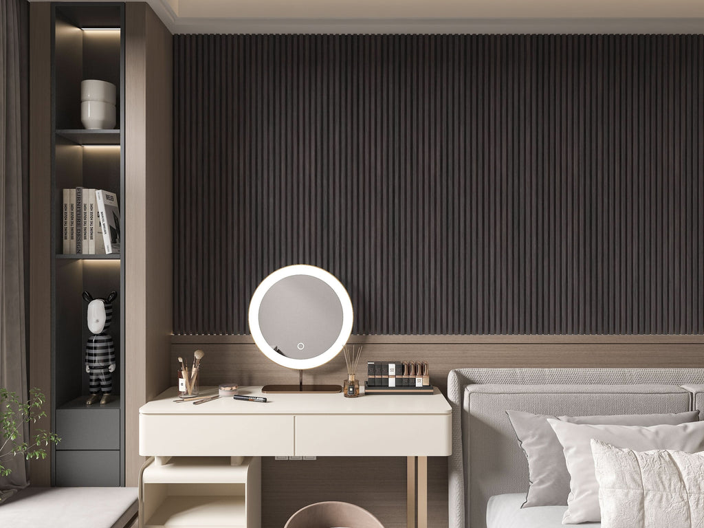 Bedroom accent wall with cedar oak WPC fluted 3D wall panels and vanity setup