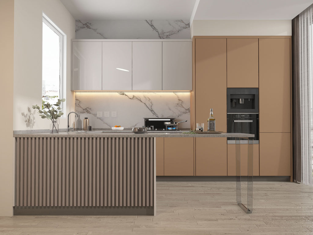 Modern kitchen island with carbon gray WPC fluted 3D wall panel front