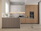 Modern kitchen island with carbon gray WPC fluted 3D wall panel front