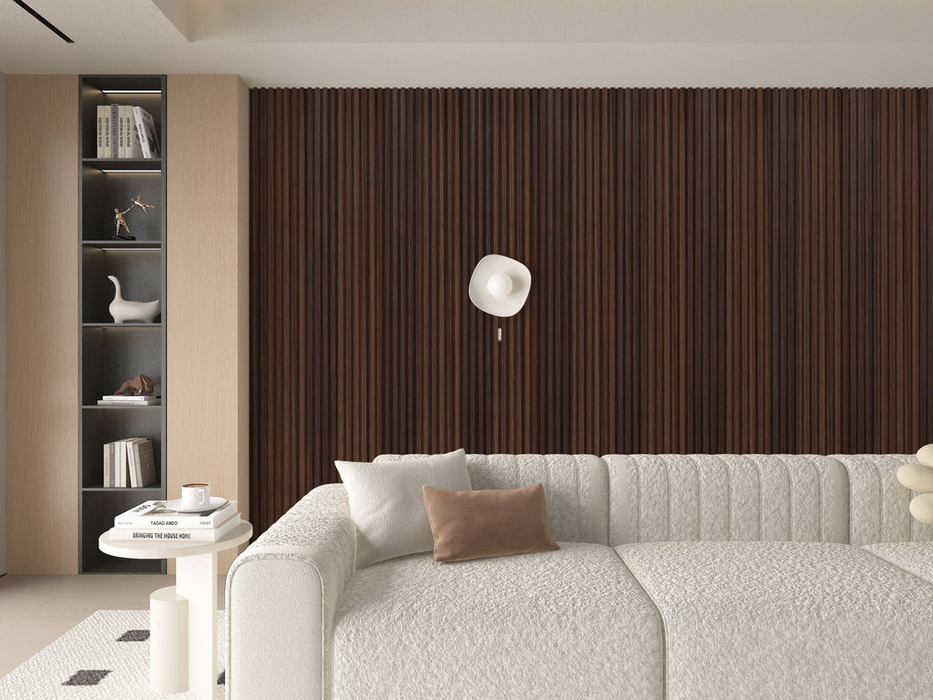 Living room accent wall with dark smoky oak WPC fluted 3D wall panels