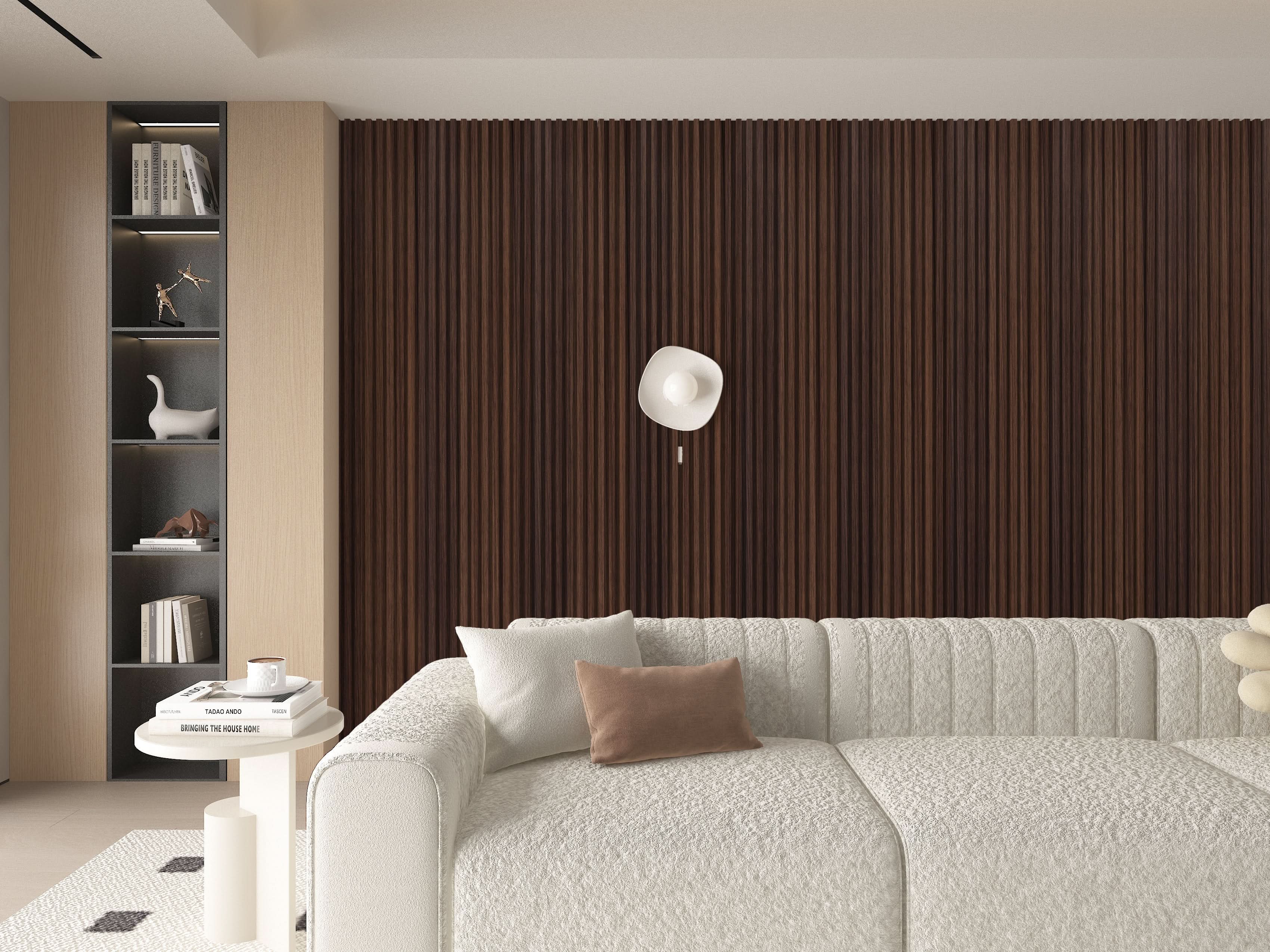 Living room accent wall with dark smoky oak WPC fluted 3D wall panels
