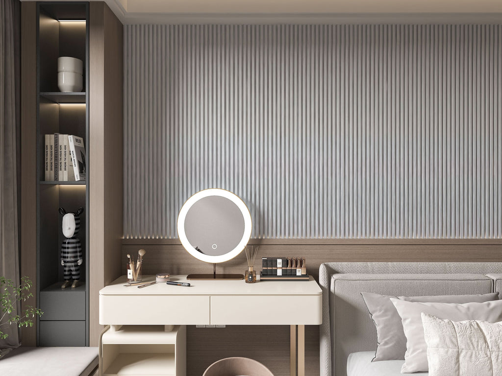 White Linen WPC fluted wall panel used as bedroom accent wall
