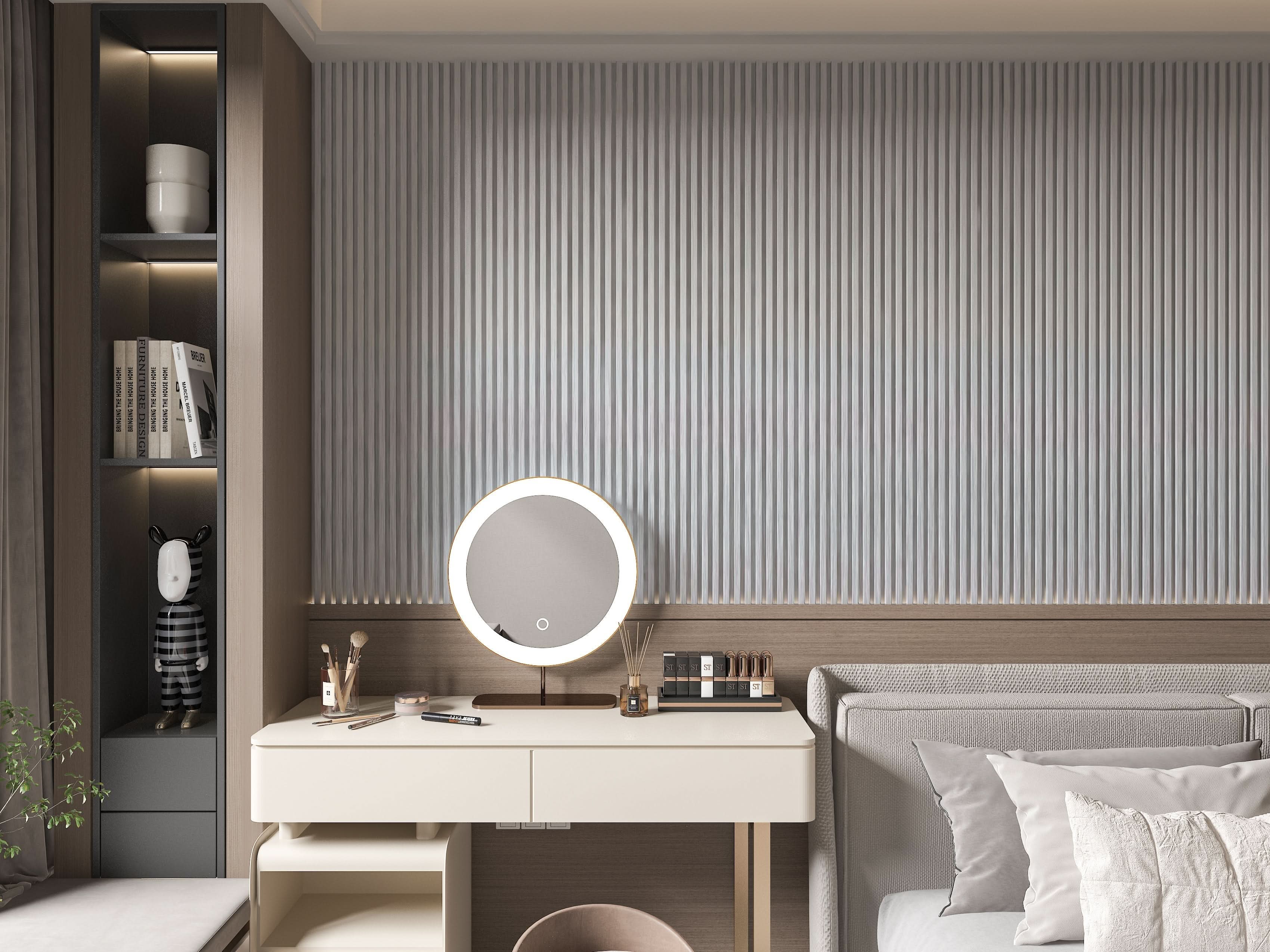 White Linen WPC fluted wall panel used as bedroom accent wall