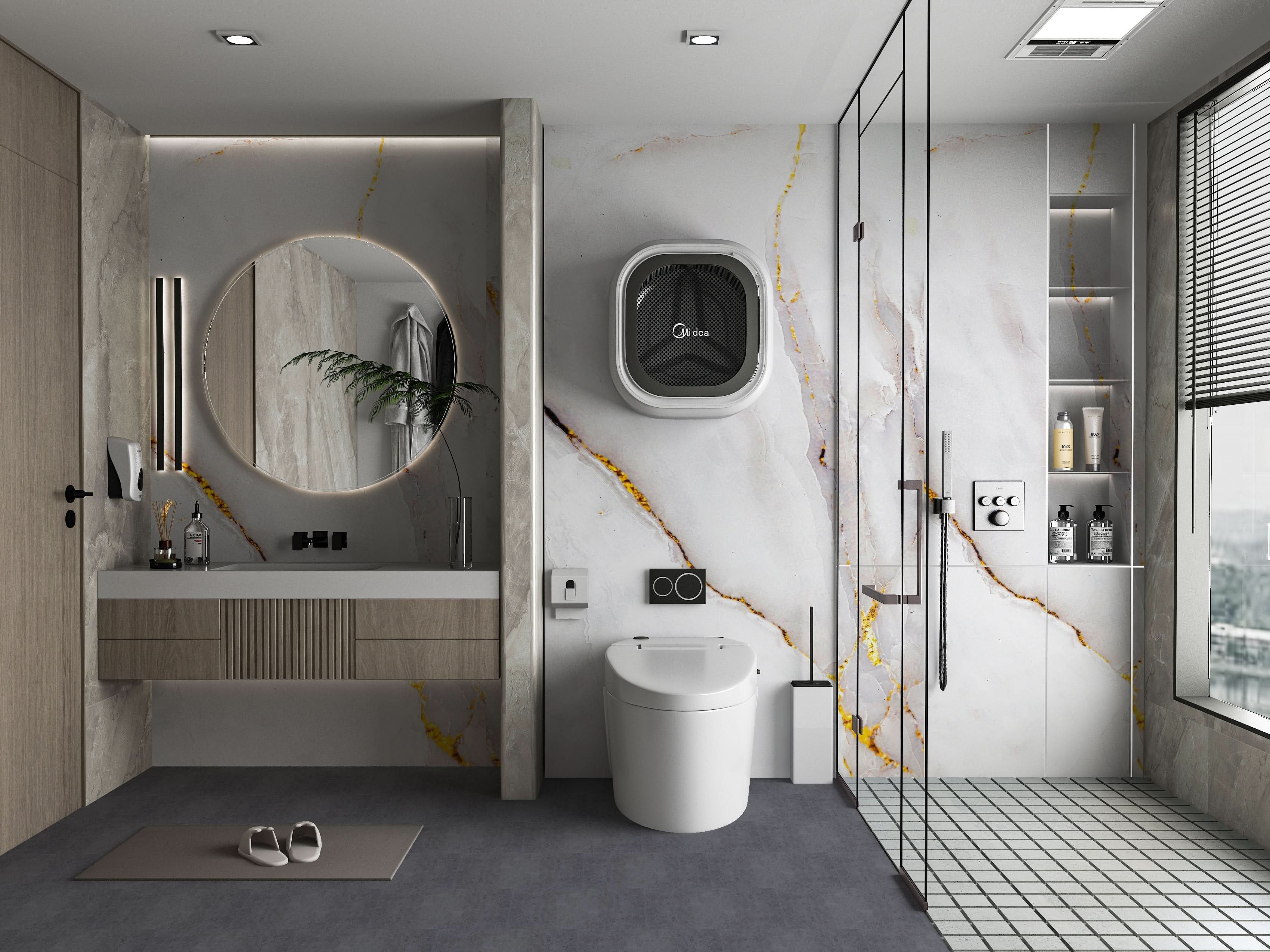 Bathroom with Empress Gold polished marble PVC wall panels