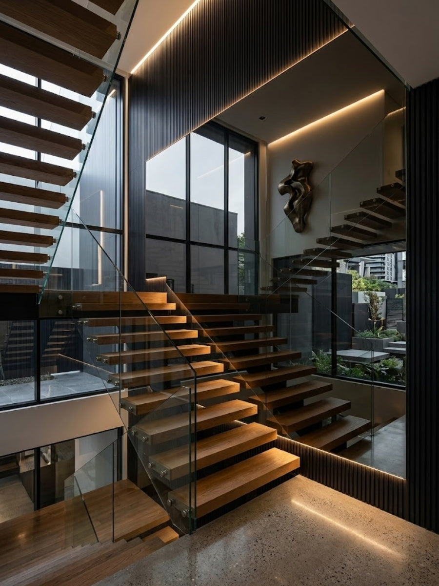 Black mirror wall panel beside an illuminated floating wood staircase in a contemporary double-height interior