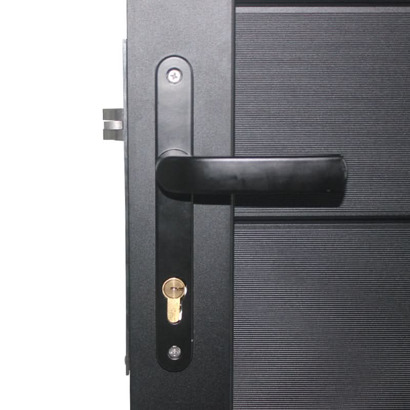 Composite fence gate handle and lock hardware on aluminum frame