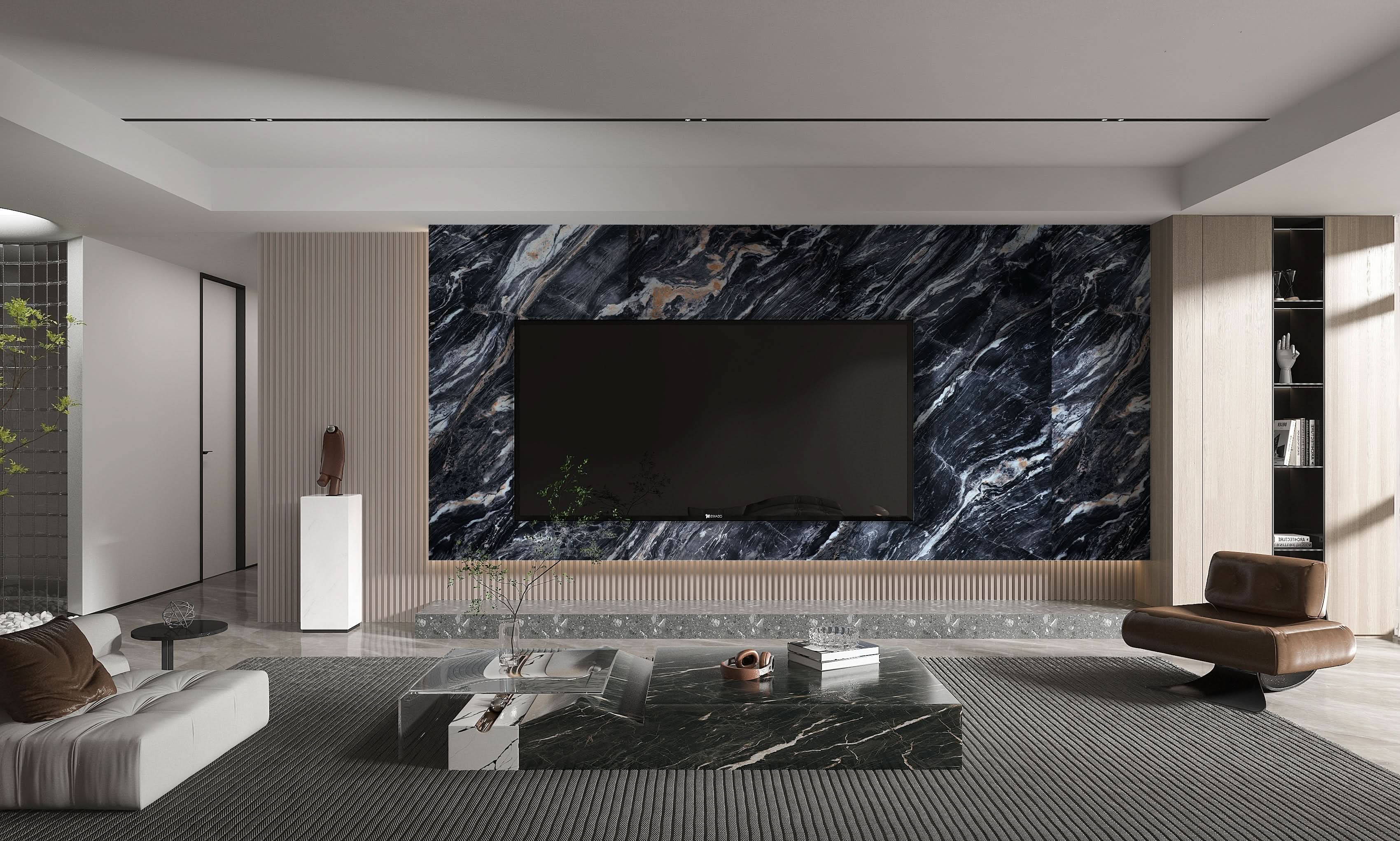 Contemporary living room TV feature wall with black marble wall panels and gold veining