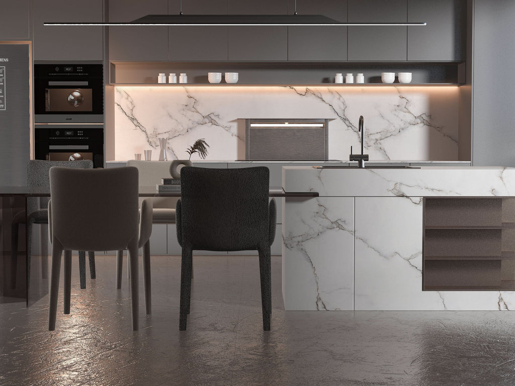 Modern kitchen with white marble wall panels and subtle gray veining