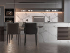 Modern kitchen with white marble wall panels and subtle gray veining