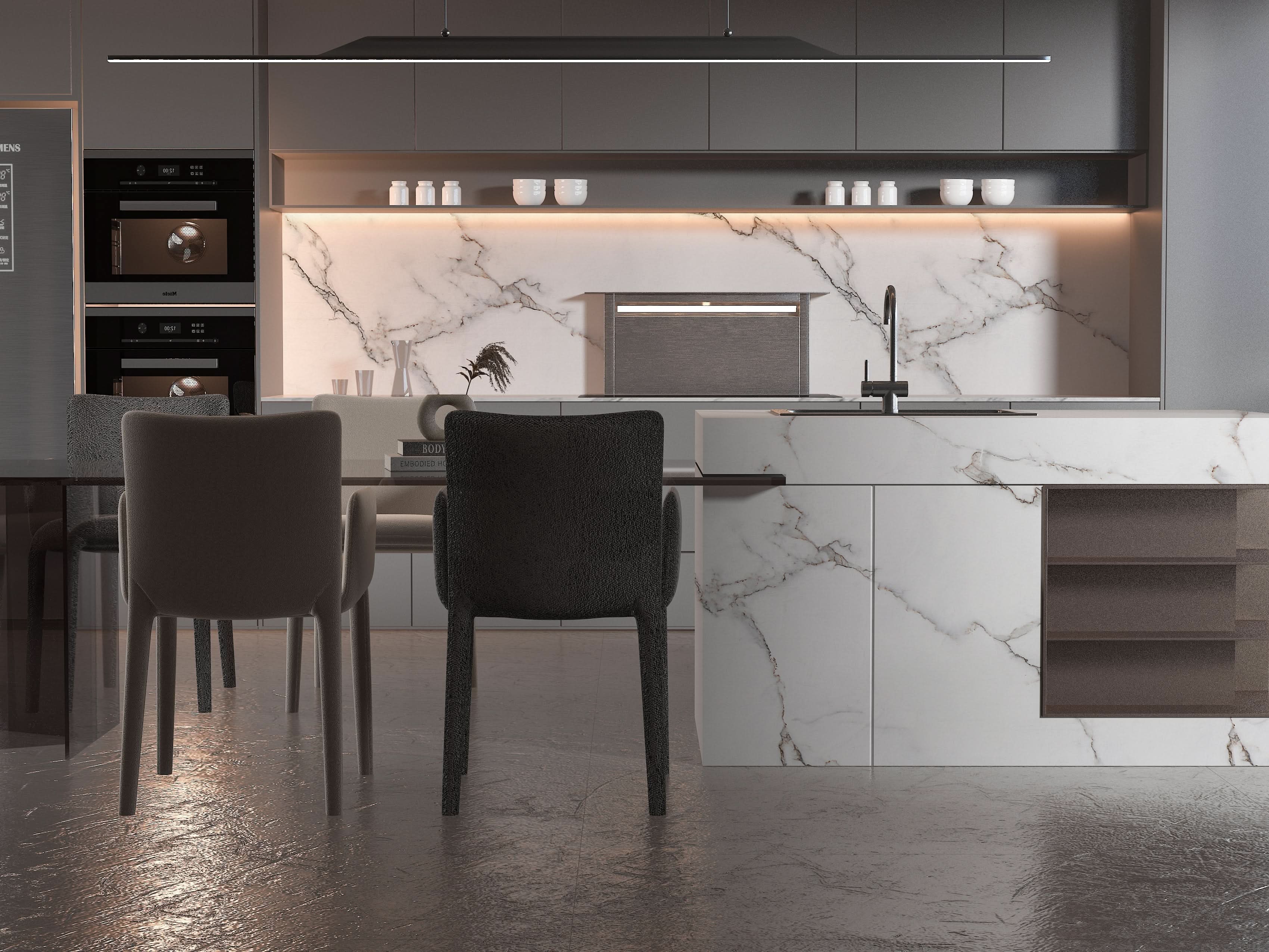 Modern kitchen with white marble wall panels and subtle gray veining